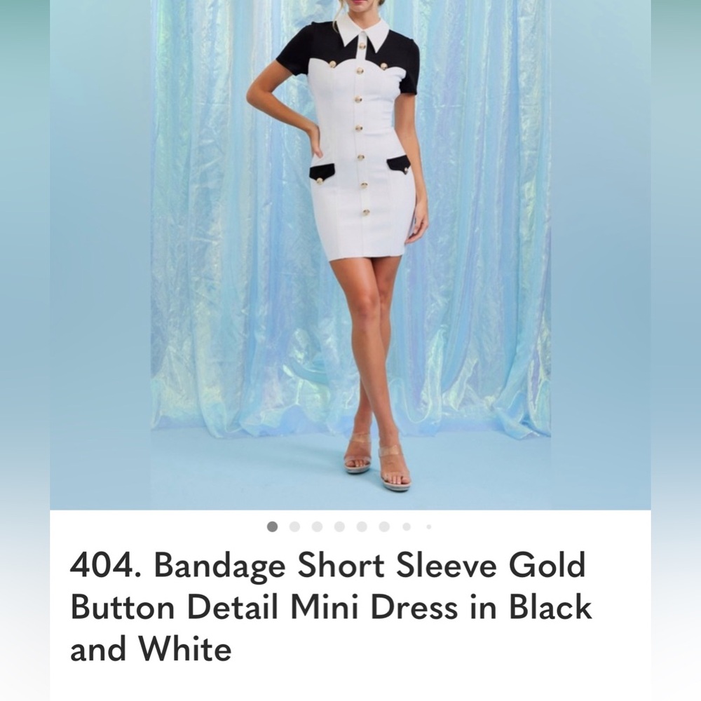 Black & White Short Sleeve Bandage Mini Dress with Gold Buttons